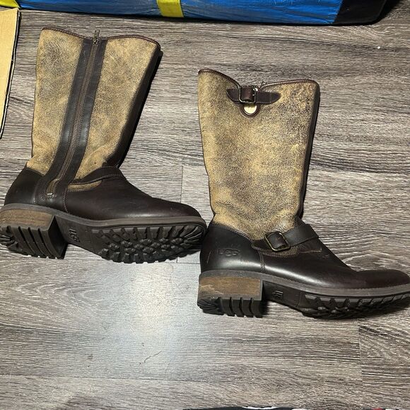 UGG Chancery Shearling Bomber Stout Black Leather Boots Womens Size 10 - Picture 2 of 13